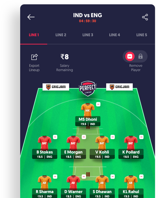 Lineup builder for fantasy cricket by vinfotech