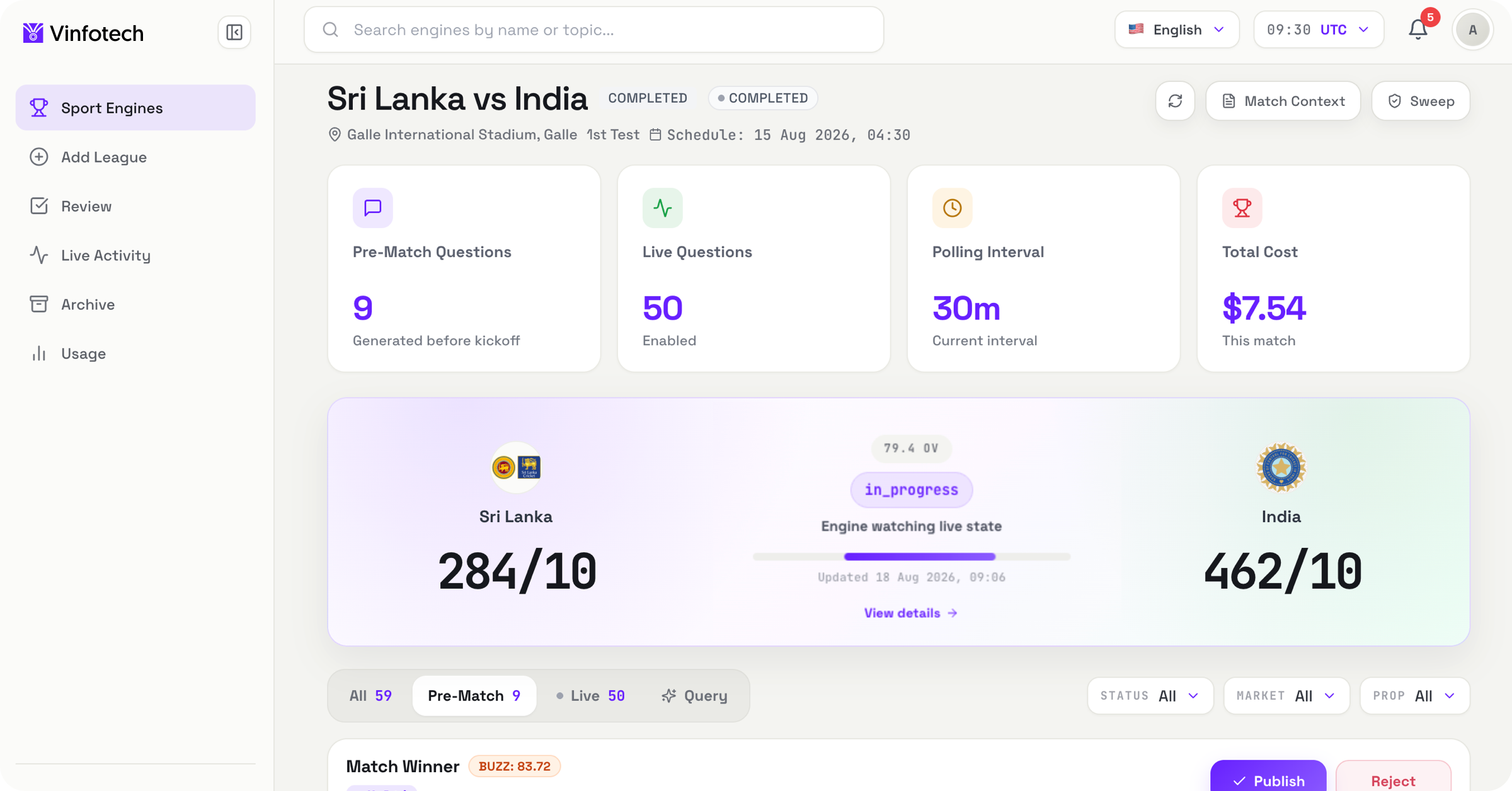 SportIQ engine watching a live Sri Lanka vs India match